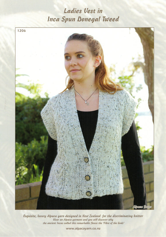 Inca Spun Knitting Pattern 1206 - Ladies Vest with Cables in 10-Ply / Worsted-weight