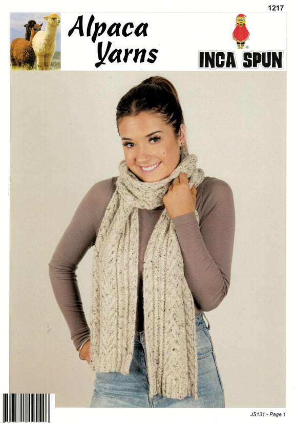 Inca Spun Knitting Pattern 1217 - Adult Cabled Scarf in 10-Ply / Worsted-weight