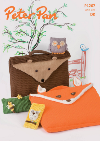 Peter Pan Knitting Pattern P1267 - Children's knitted school set - book bag, pencil case, phone cover, toy owl in 8-ply / DK