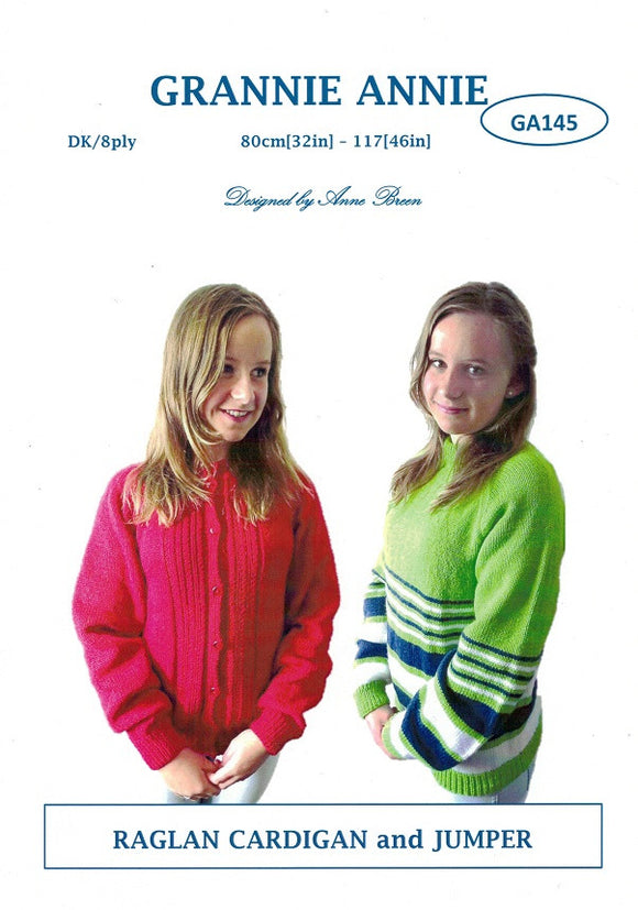 Grannie Annie Knitting Pattern 145 - Raglan Cardigan or Pullover in 8-ply / DK for Teens to Ladies