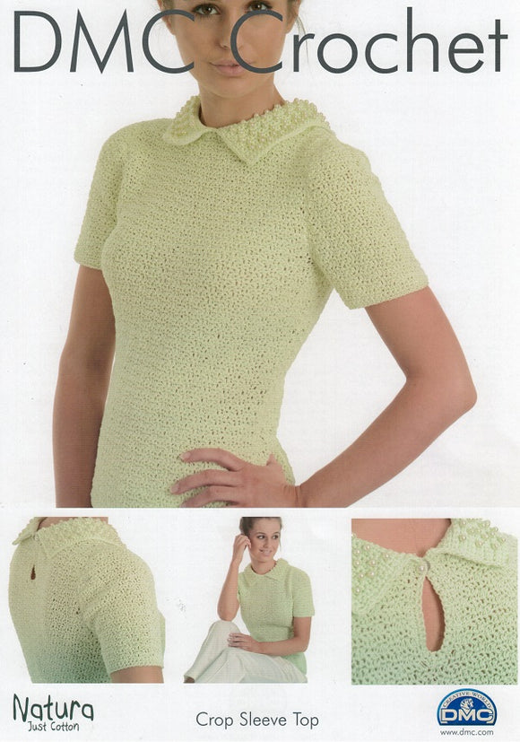 DMC Crochet Pattern - Ladies Crop Sleeve Top with Pearl Collar in 4-Ply / Fingering