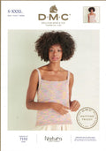 A DMC knitting pattern leaflet for a ladies singlet, with a 4-ply cotton fabric recommendation, displayed with a model showing the finished singlet.