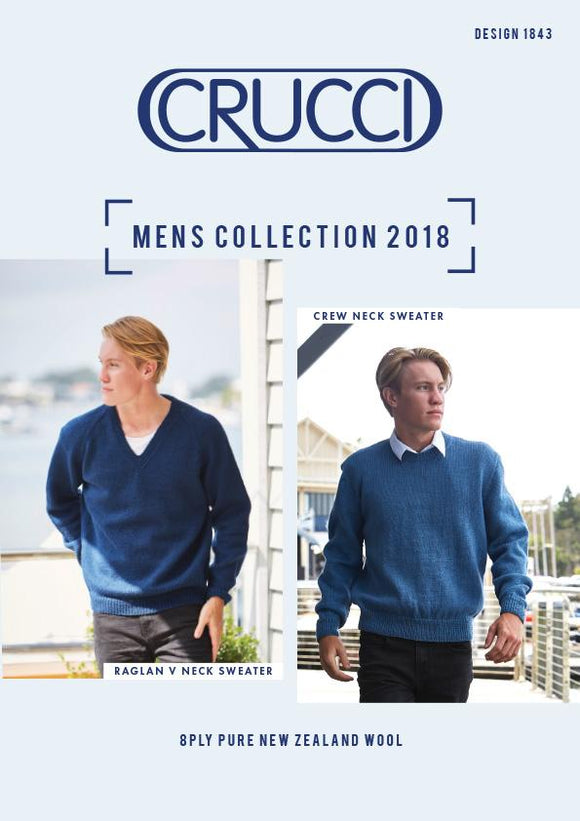 Crucci Knitting Pattern 1843 - Two Mens Pullovers - Crew Neck and V-Neck with Raglan Sleeves