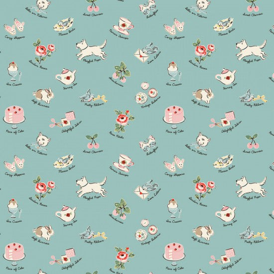 Quilting Fabric with a pastel aqua background featuring a 1950s style print with various cute animals and flowers.