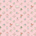 Quilting Fabric with a pastel pink background featuring a 1950s style print with various cute animals and flowers.