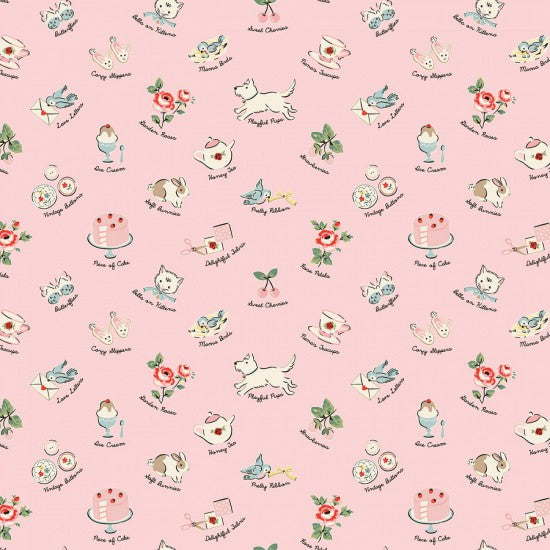 Quilting Fabric with a pastel pink background featuring a 1950s style print with various cute animals and flowers.