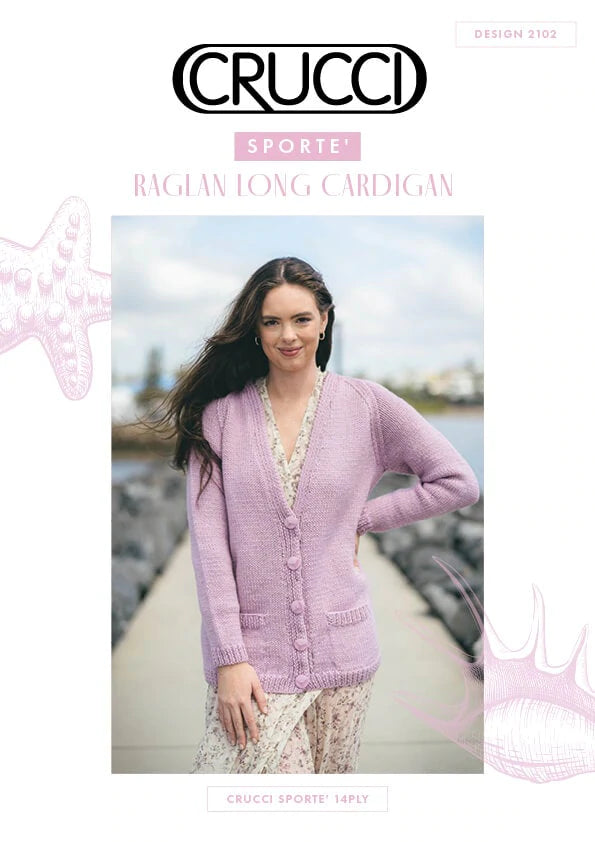 Crucci Knitting Pattern 2102 - Ladies Raglan Long Cardigan in 14-ply / Chunky