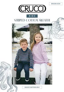Crucci Knitting Pattern 2124 - Childs Striped Pullover with Crew Neck in 8-ply / DK Cotton for ages 2-10