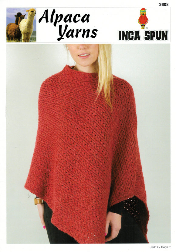 Inca Spun Knitting Pattern 2608 - Ladies Poncho in 10-Ply / Worsted-weight