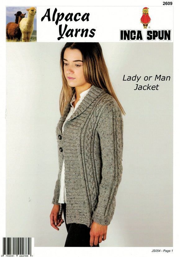 Inca Spun Knitting Pattern 2609 - Adult Cardigan with Cables in 10-Ply / Worsted-weight