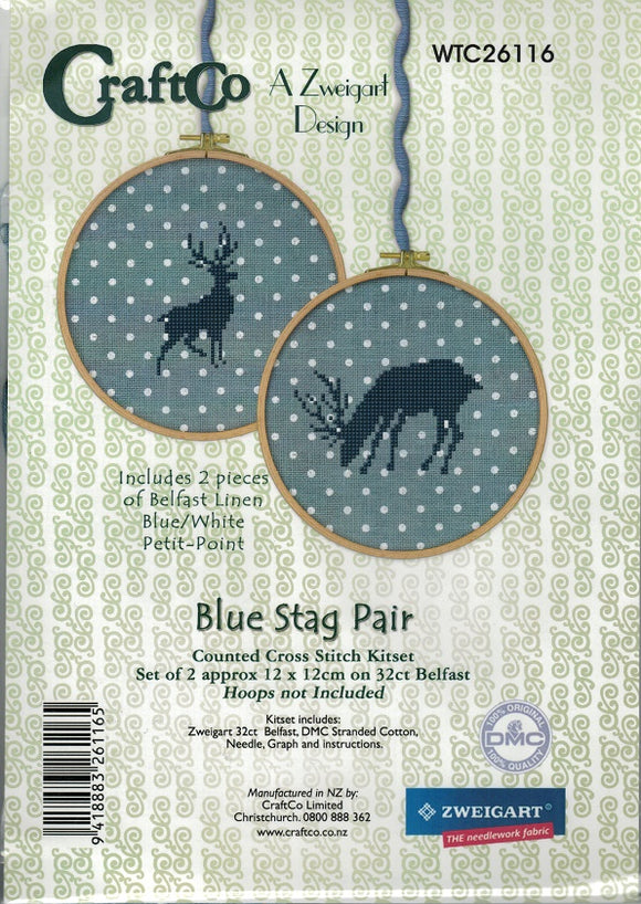 CraftCo Cross-stitch kit - Blue Stag Pair on Belfast Blue Petit-Point