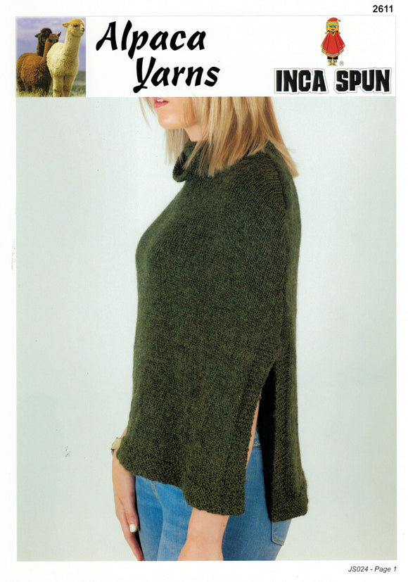 Inca Spun Knitting Pattern 2611 - Ladies Poncho with high collar in 10-Ply / Worsted-weight