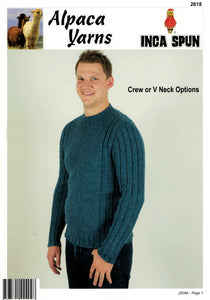 Inca Spun Knitting Pattern 2618 - Adult Pullover with Crew or V-Neck in 10-Ply / Worsted-weight