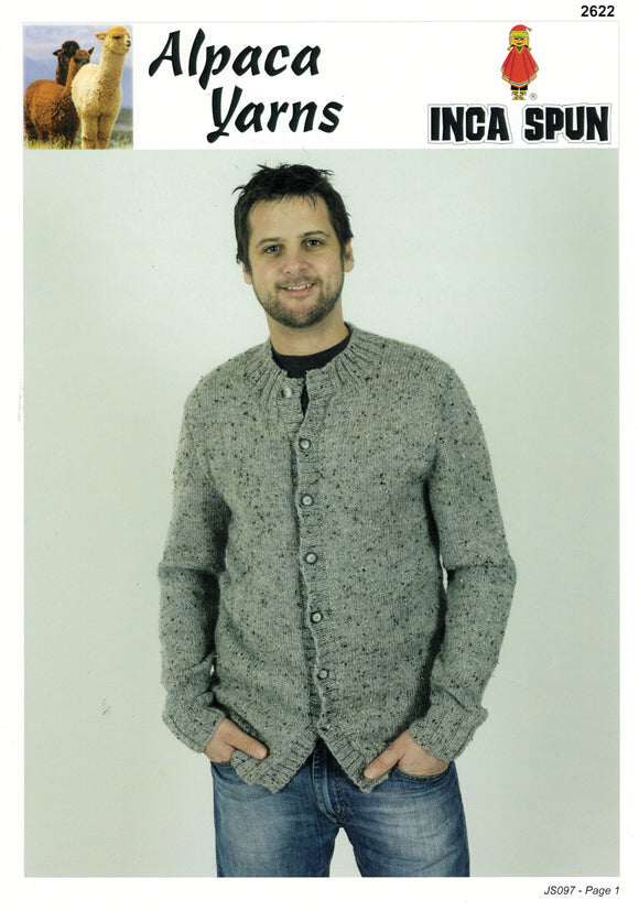Inca Spun Knitting Pattern 2622 - Adult Cardigan with Ribbed Collar and Cuffs in 10-Ply / Worsted-weight