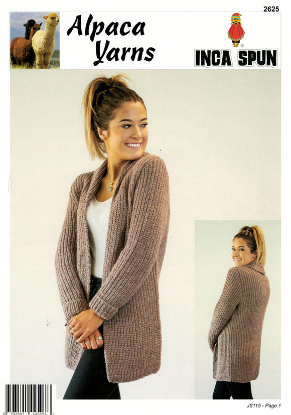 Inca Spun Knitting Pattern 2625 - Adult Jacket with Shawl Collar in 10-Ply / Worsted-weight