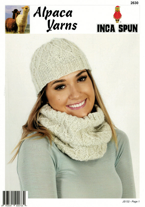 Inca Spun Knitting Pattern 2630 - Adult Cabled Hat and Cowl in 10-Ply / Worsted-weight