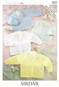 Sidar Knitting Pattern 3029 - Four Baby Cardigans with V-neck or Round neck in 3-ply / Light Fingering for Ages Preemie to 12 months