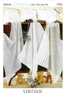 Sidar Crochet Pattern 3761 - Three Baby Blankets in 2-ply / Lace, 3-ply / Light Fingering and 4-ply / Fingering