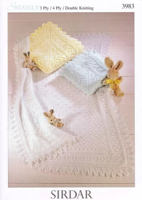 Sidar Knitting Pattern 3983 - Three Baby Blankets in 3-ply / Light Fingering, 4-ply / Fingering and 8-ply / DK