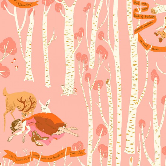 Far Far Away III - Fairies, Elves, Owls in the forest on Pink by Heather Ross for Windham Fabrics