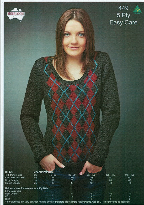 Heirloom 449 - Ladies long sleeve jumper with diamond pattern in 5-ply
