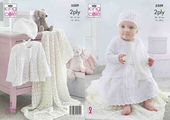 King Cole Knitting Pattern 5509 - Babies Cardigan, Hat and Blanket in 2-ply / Lace-weight for Ages Newborn to 12 months