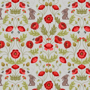 Poppies, Bees and Bunnies on Grey background