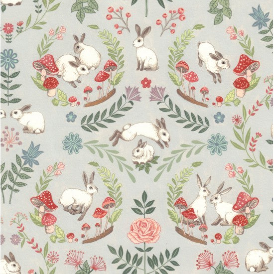 In the Meadow - Bunnies and Mushrooms on Soft Grey Background