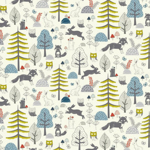 Wildwood - Bunnies, Owls & Foxes in the forest on soft creamy yellow
