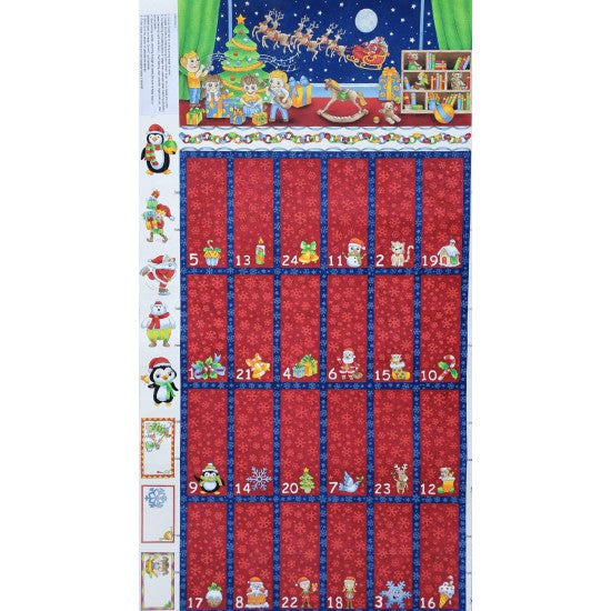 Christmas Advent Calendar - Santa, Reindeer, Tree and Toys on Blue & Red (60 cm x 108 cm)