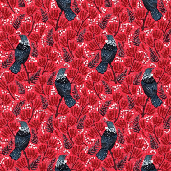 In Bloom - Stylized Tui and Ferns on Red Background