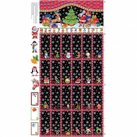 Christmas Advent Calendar - Santa and Reindeer on Black with Snowflakes (60 cm x 108 cm)