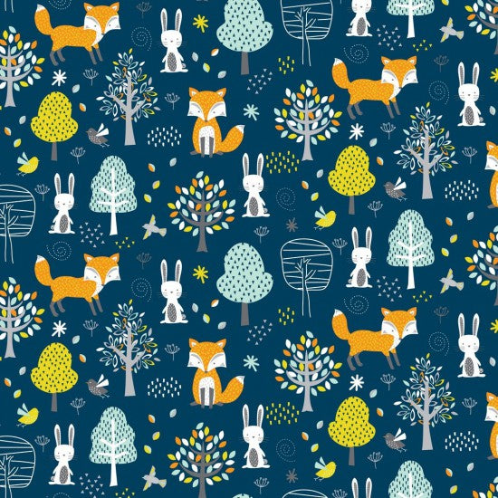 Woodland Friends - Bunnies and Foxes in the forest on dark blue background