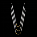A set of three ADDI crazy trio knitting needles arranged in a V-shape on a black background.