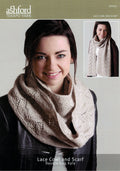A woman wearing a beige lace cowl scarf, with an inset image showing a close-up of the scarf's lace pattern.