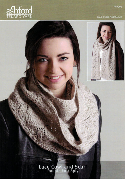 A woman wearing a beige lace cowl scarf, with an inset image showing a close-up of the scarf's lace pattern.