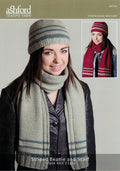 A photo showing the product in use, with a person wearing a striped beanie and a matching scarf in different colors.