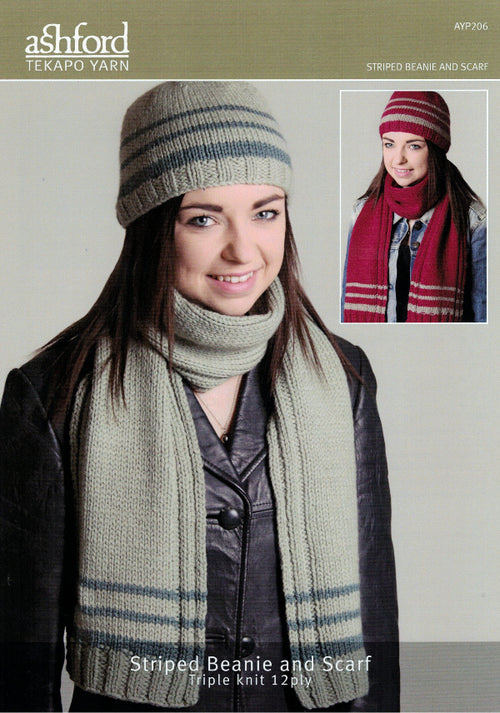 A photo showing the product in use, with a person wearing a striped beanie and a matching scarf in different colors.
