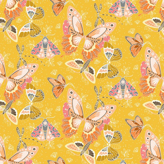 Aerial Butterflies - Stunning pink and coral butterflies on Yellow Background
