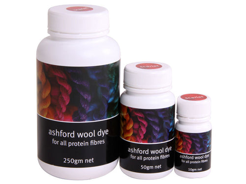 Three bottles of Ashford wool dye in different sizes, with labels indicating the product is for all protein fibers.