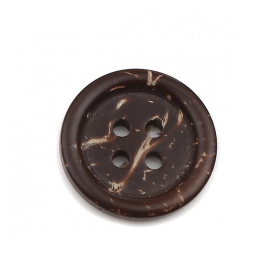 Buttons - Natural Coconut with 4 holes and rim - Dark Coffee colour with Speckles in 3 sizes