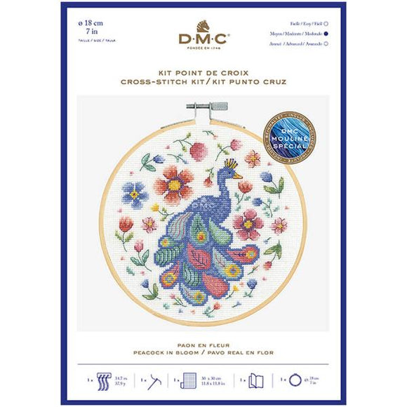 DMC Counted Cross Stitch Kit - Peacock in Bloom (includes hoop!)