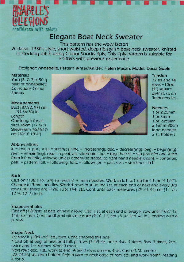 Knitting pattern leaflet for an elegant boat neck sweater with a model wearing the sweater.