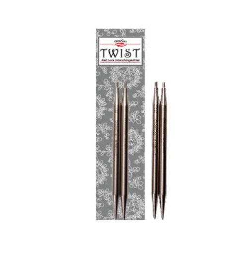 Packaging of ChiaoGoo TWIST Red Lace Stainless Steel Interchangeable Circular Needle Tips with two needle tips displayed in front.
