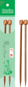 Packaging of ChiaoGoo bamboo straight knitting needles in Patina colour, displaying the needles and their size, 23 cm.