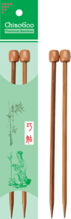 Packaging of ChiaoGoo bamboo straight knitting needles in Patina colour, displaying the needles and their size, 23 cm.