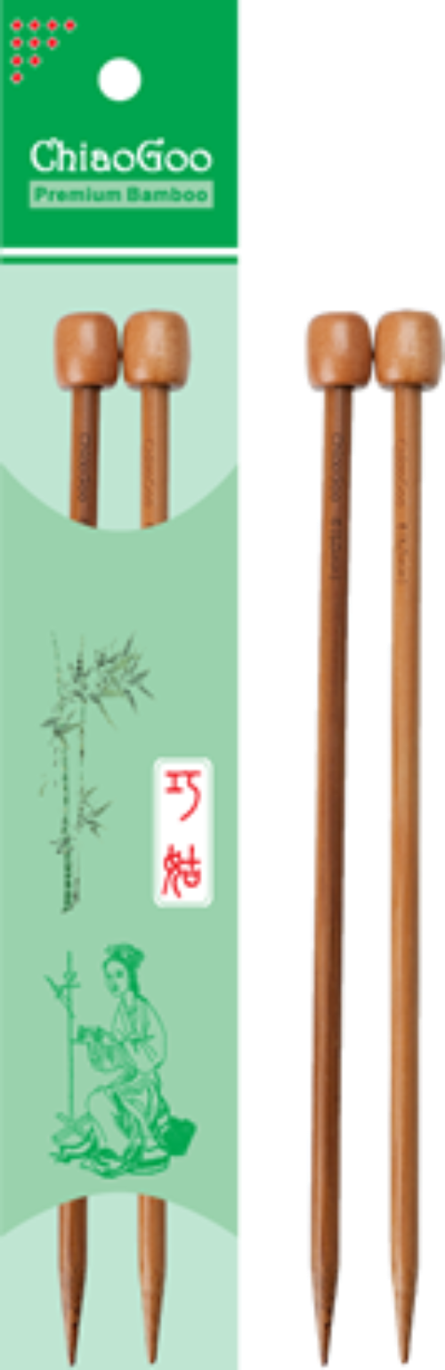 Packaging of ChiaoGoo bamboo straight knitting needles in Patina colour, displaying the needles and their size, 23 cm.
