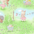 A colorful children's quilting print featuring cartoon-style bunnies in a garden setting, with a backdrop of green grass and floral flowers.