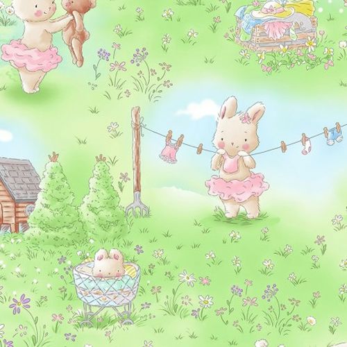 A colorful children's quilting print featuring cartoon-style bunnies in a garden setting, with a backdrop of green grass and floral flowers.