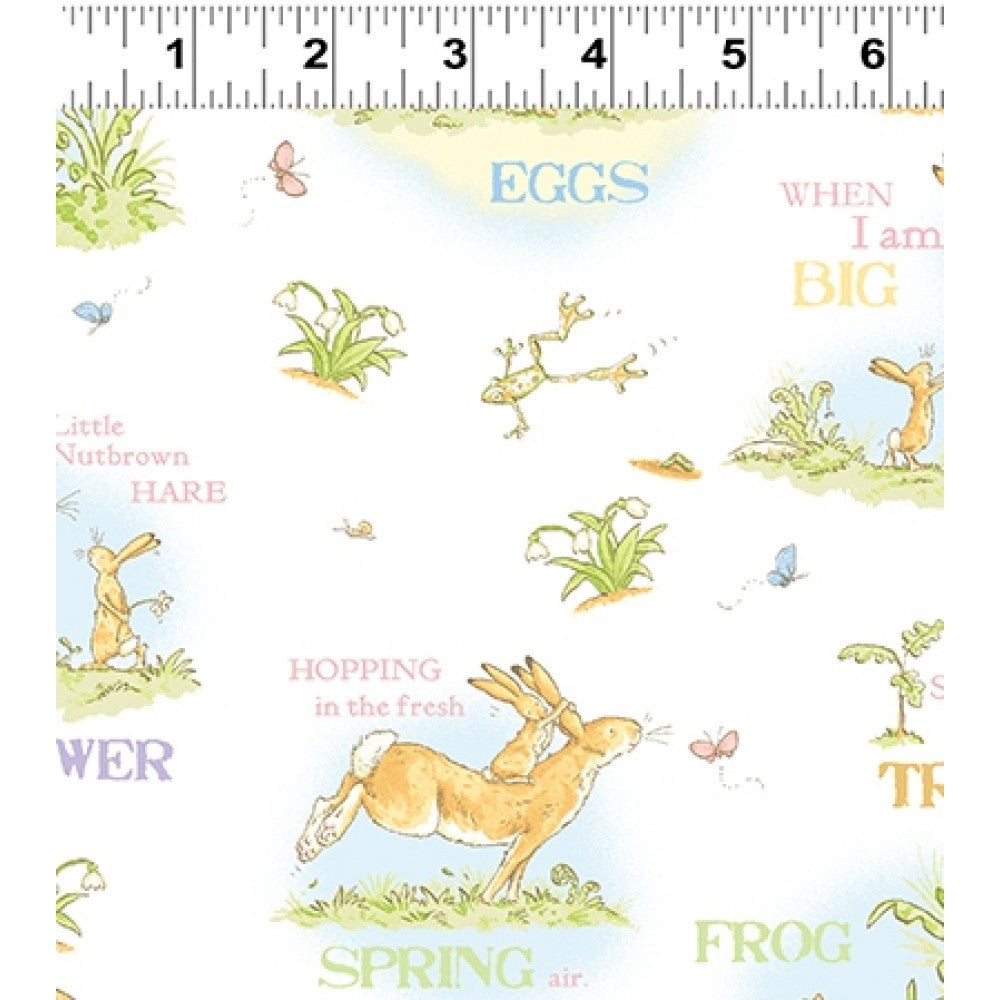 White fabric with a printed design featuring bunny characters and various playful phrases related to bunnies and eggs.